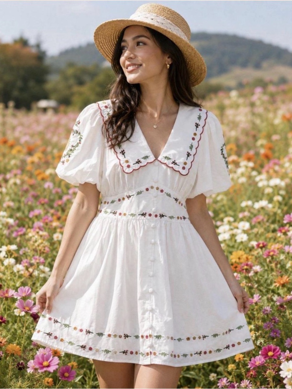 Caroline Constas NWT White Floral Embroidered Puff Sleeve Mini Dress Sz 6 pocket